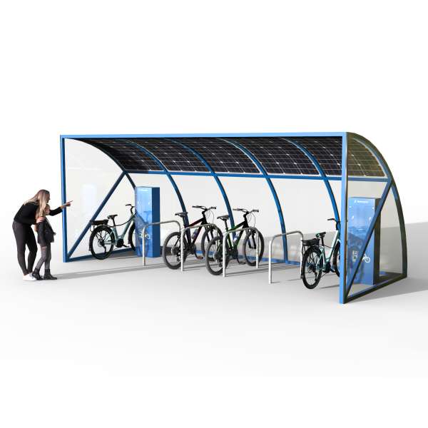 Shelters, Canopies, Walkways and Bin Stores | Cycle Shelters | FalcoQuarter Solar-Charge Cycle Shelter | image #1 |  Solar Powered e-Bike Charging Cycle Shelter